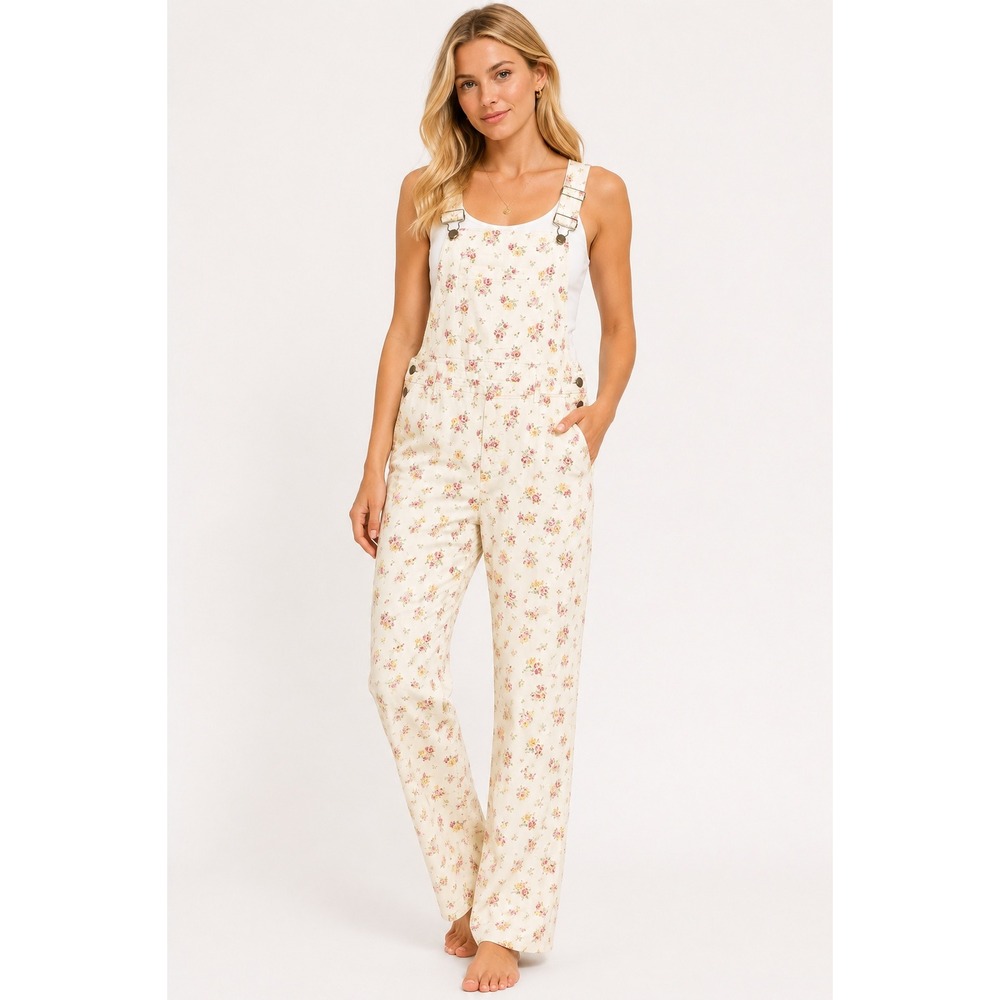 Petersyn Overalls‎ Womens M Cream Pink Floral Straight Leg Cotton Boho Casual